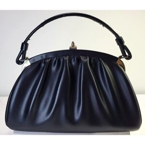 Vintage Black Ruched Frame Handbag Kiss Lock Top Handle Purse w/ EXCEL Zipper